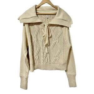 Anthropologie Pilcro Cable Knit Collared Sweater Size L Cream Chunky‎ Fisherman